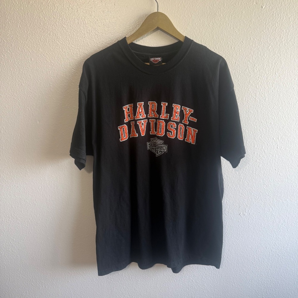 Vintage Y2K Harley Davidson Black White Orange Graphic Tee Shirt Patchwork Logo